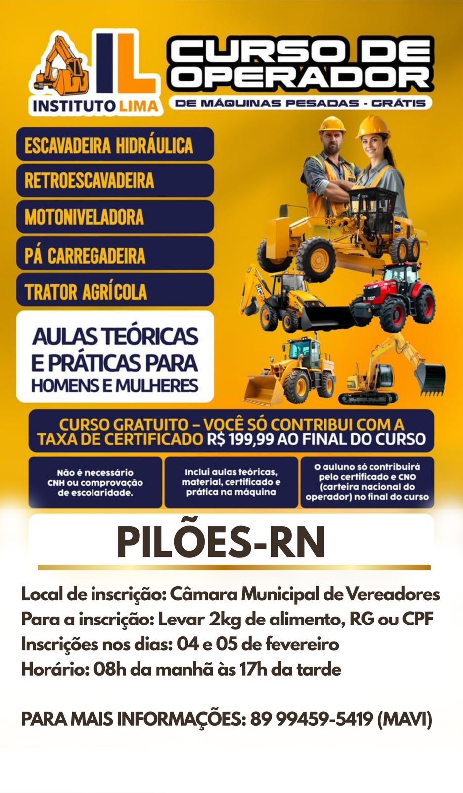 Câmara Municipal de Pilões firma parceria para Curso Gratuito de Operador de Máquinas Pesadas